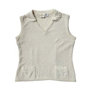 70s vintage textured sleeveless v-neck sweater top knitted pattern linen blend.